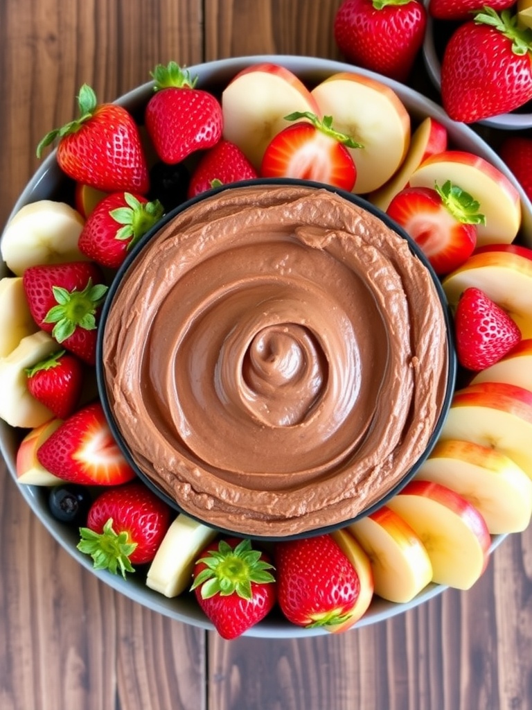 Chocolate hummus dip with fresh fruits for dipping on a rustic wooden table.